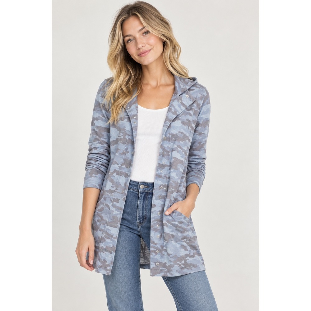 Chaser Evereve Camo Hooded Snap Front Cardigan Jacket Blue Grey Medium CW8076